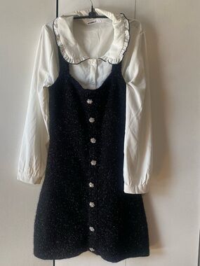 ZARA Black & Metallic Silver Tweed Knit Mini Dress w Jeweled Buttons Size Large